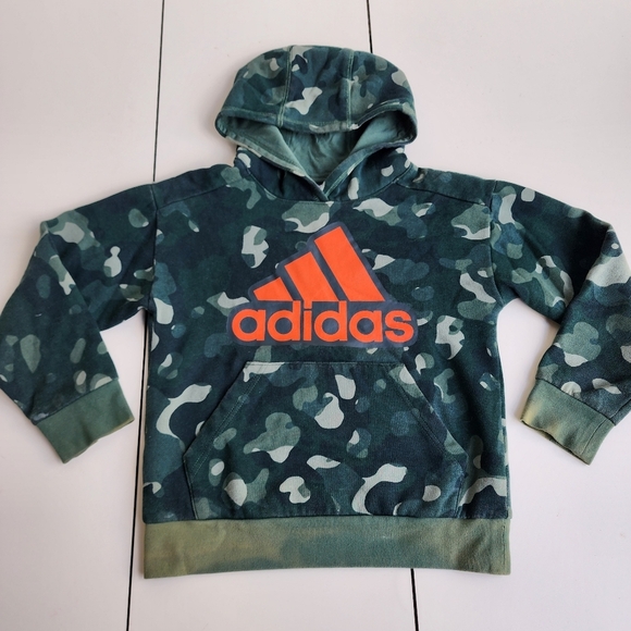 Adidas Green Orange Logo Camo Fleece Lined Hoodie Sweatshirt Boys Kids 8 Small - Picture 1 of 10